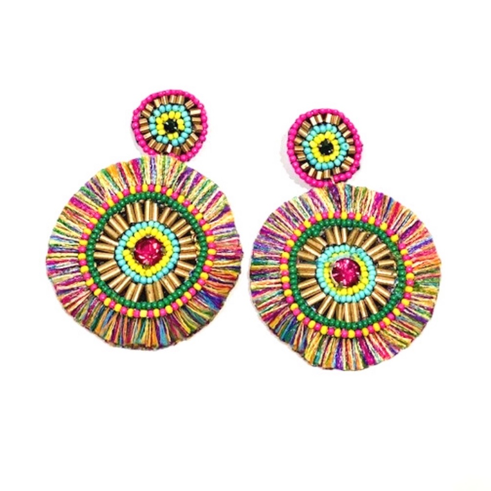 Beaded Disc Tassel Earrings